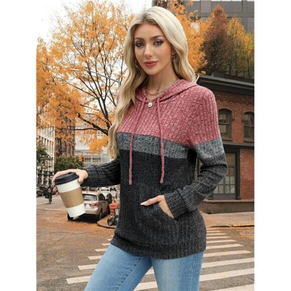 Women Color Block Hoodie Sweatshirt Long Sleeve Pullover Pocket Casual Tops - Picture 7 of 8